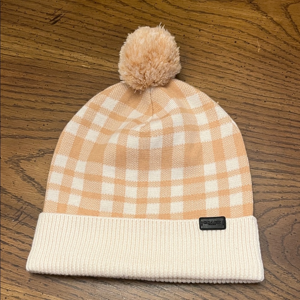 Coach Plaid Beige and White Pom Pom Beanie‎